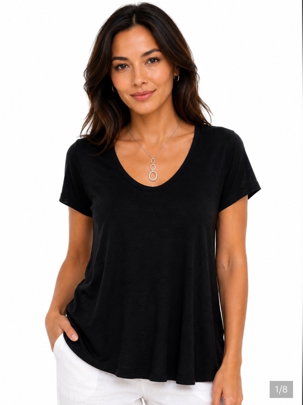 NWT Eileen Fisher Linen Jersey A-Line Tee Black Wide U Neck Petite Large